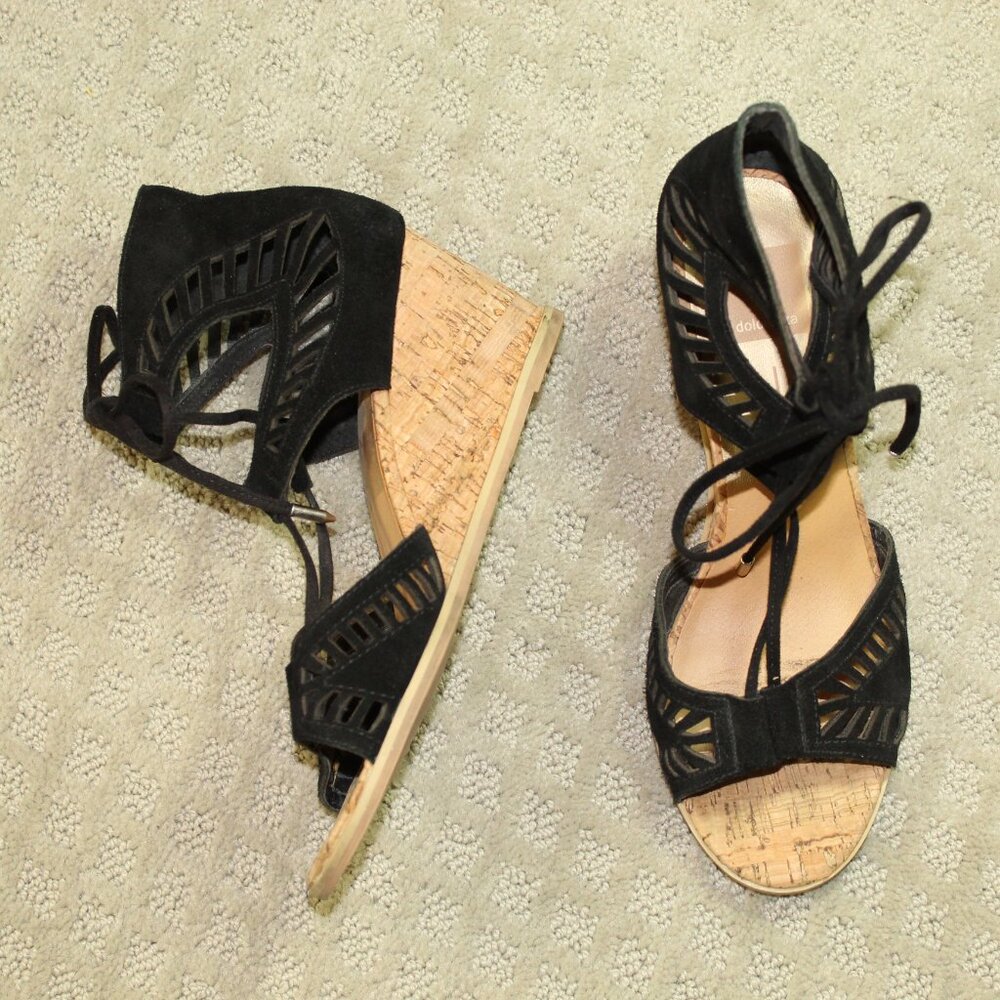 Dolce Vita Women's Sz 8 Black Lace Up Faux Suede Open Toe Cork Wedge Heels